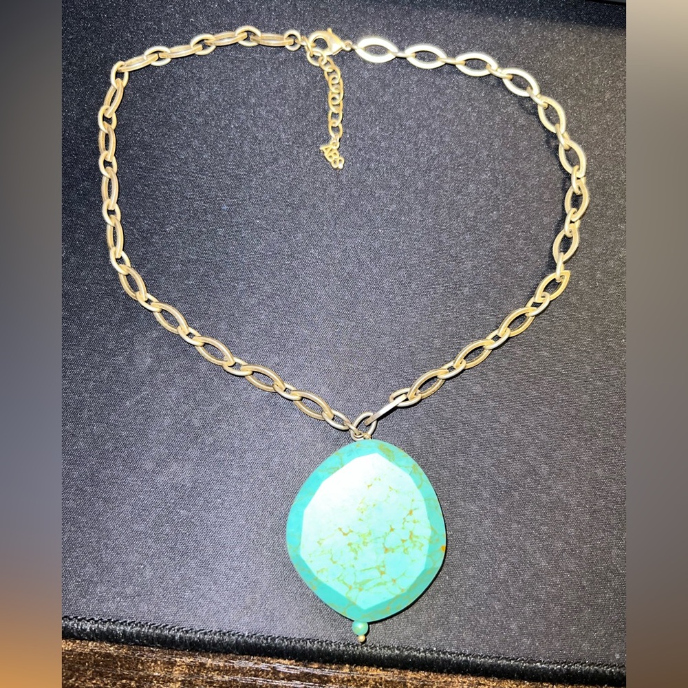 Gold Chain Necklace with Turquoise Pendant - Picture 2 of 5